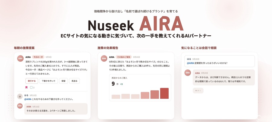 NUSEEK、EC運営の対話型AI「Nuseek AIRA」を提供開始　無期限の無料トライアルで毎朝のデータ報告