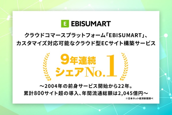 EBISUMART、クラウド型ECサイト構築サービスで9年連続シェアNo.1を獲得——導入846サイト・年間流通総額2,045億円