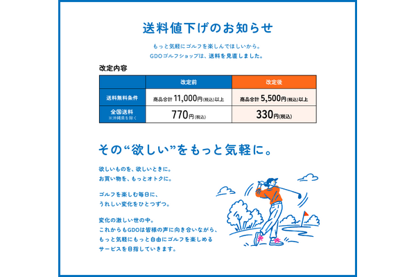 GDOゴルフショップ、送料を770円から330円へ引き下げ　送料無料条件も5500円以上に改定